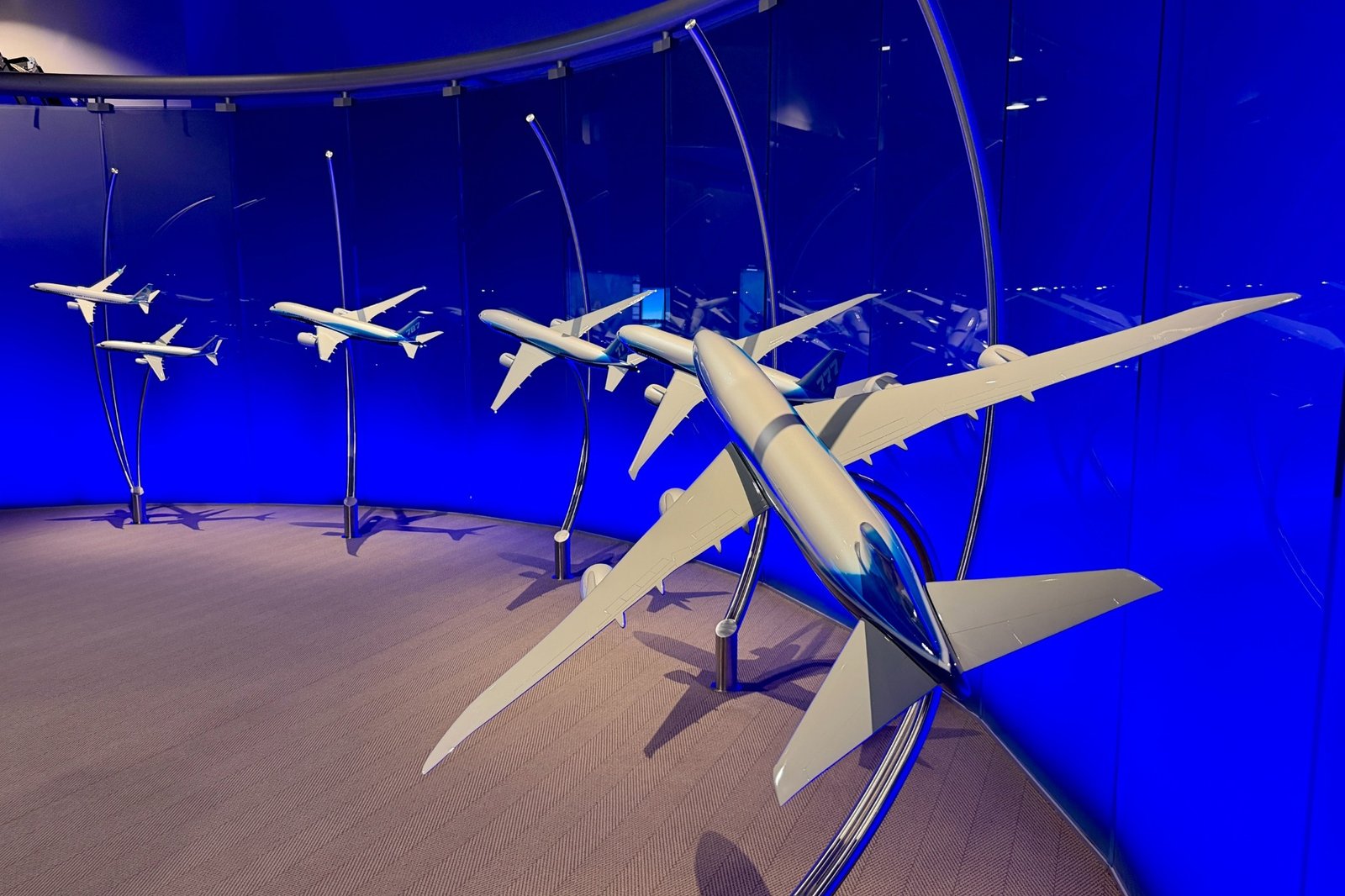 Boeing aircraft concept models inside the Boeing Customer Experience Center