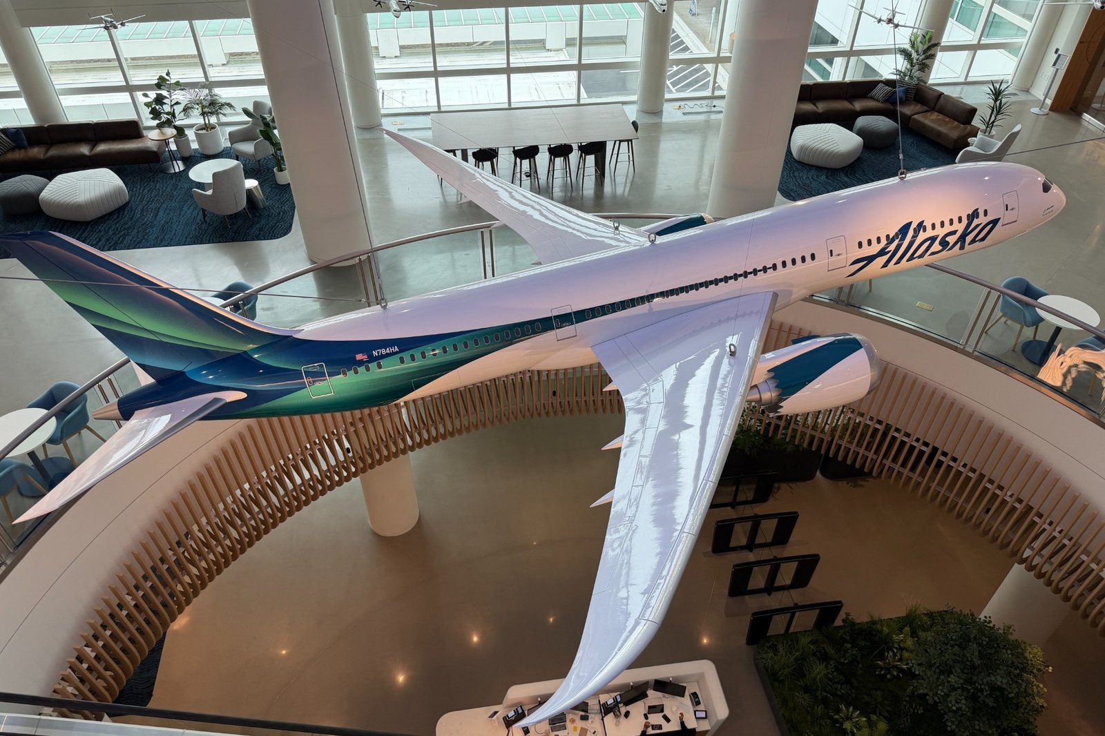 Large Alaska Airlines aircraft model inside an airline facility